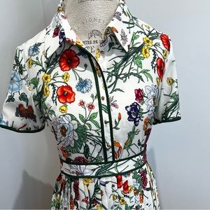 White Floral Midi Shirt Dress with Green Trim